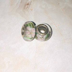 Two GLASS FLORAL CHARMS for Chamilia, Pandora style brackets